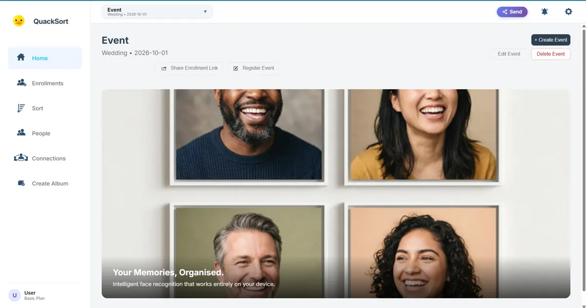 QuackSort desktop app showing an event workspace with enrolled people and sorted photos
