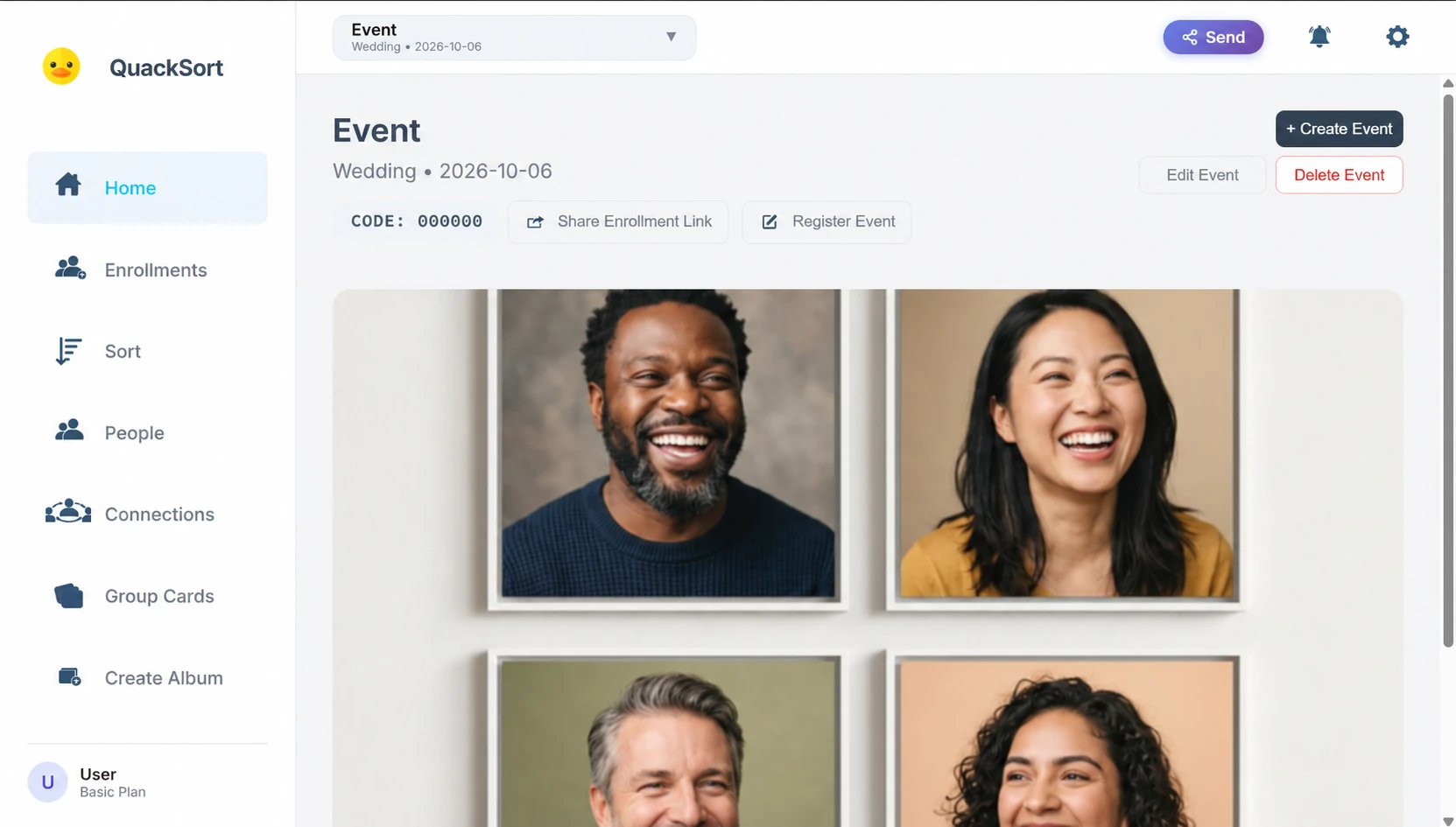 QuackSort app homepage with Group Cards in the navigation